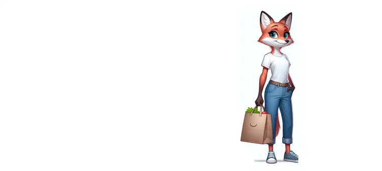 Personnage de renard anthropomorphe portant un t-shirt blanc, un jean bleu et des baskets tout en tenant un sac de shopping.