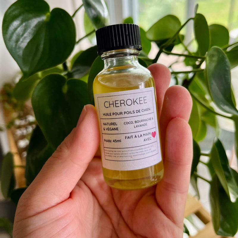 Chargez l&#39;image dans la visionneuse de la galerie, Une main tenant une petite bouteille étiquetée « ENSEMBLE MON MEILLEUR AMI » de La Sultana Savonnerie. La bouteille de 45 ml contient de l&#39;huile capillaire naturelle et végétalienne pour chiens, fabriquée à partir d&#39;ingrédients artisanaux comme la noix de coco, la bourrache et la lavande. Elle affiche fièrement « faits à la mains » 100% naturels produits pour animaux. En arrière-plan, il y a une plante verte feuillue.
