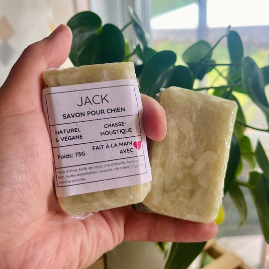 Une main tient deux barres de savon pour chien. Une barre est étiquetée « JACK - Savon Pour Chien - Naturel & Végane - Chasse-Moustique - Poids : 75g » et répertorie les ingrédients. Le savon vert clair, de la collection Ensemble MON MEILLEUR AMI de La Sultana Savonnerie | Savons et soins naturels faits main | Québec, c'est fait à la main, naturel et végétalien.