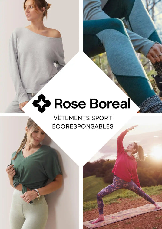 Collage marketing pour les vêtements de sport écologiques Rose Boreal montrant diverses scènes de style de vie et d'entraînement.