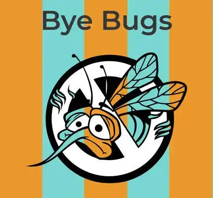 Logo de moustique cartoon avec des ailes turquoise et orange dans un cadre circulaire.