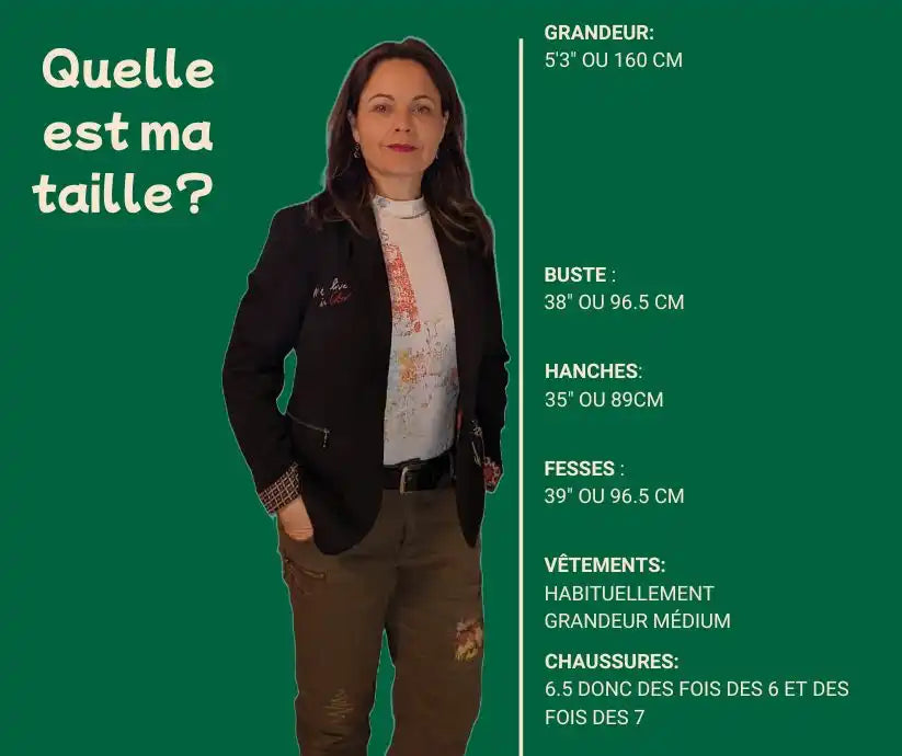 Un guide de mesure montrant les dimensions du corps et les tailles de vêtements en français.