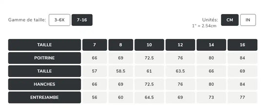 Table des tailles ou tableau de mesures montrant les dimensions des vêtements pour différentes tailles.